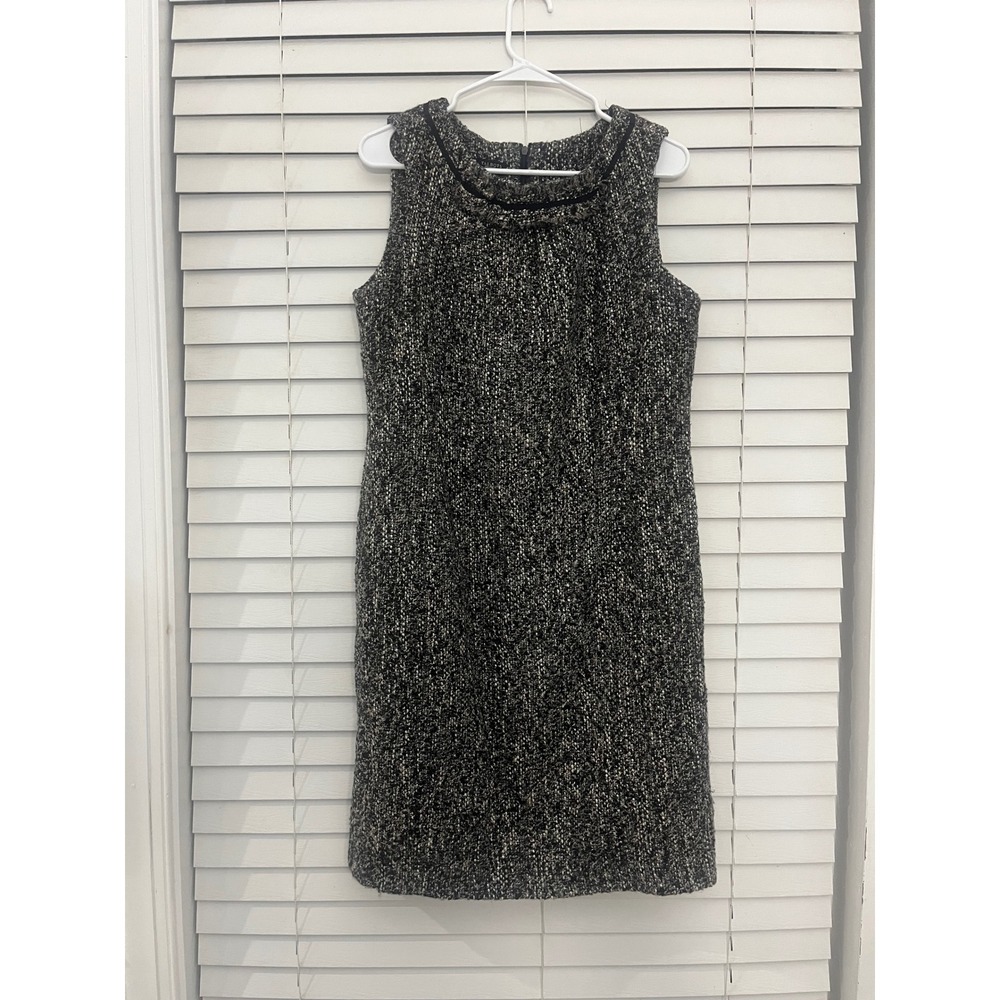 Talbots Black White Tweed Wool Blend Sleeveless Shift Dress Frayed Trim Sz 14
